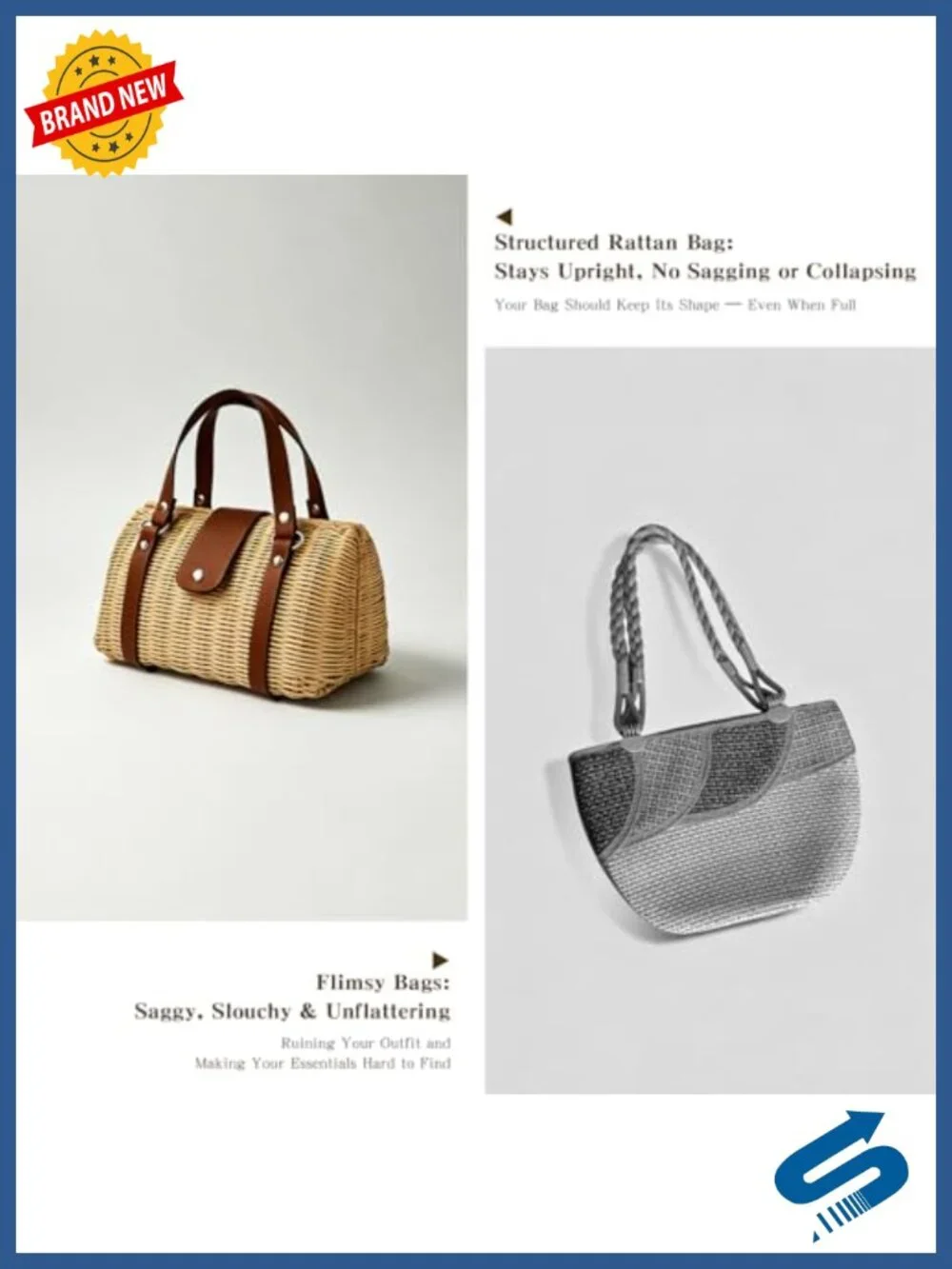 Structured Rattan Straw Tote Bag with Reinforced Handles, Woven Satchel Handbag
